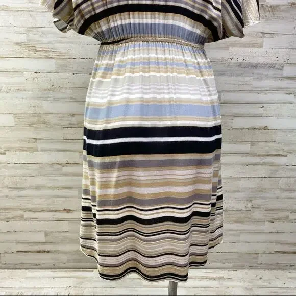 Hale Bob Silk Blend Faux Wrap Dress Womens Size S Tan Black Striped - Picture 10 of 13